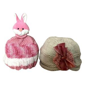 Handknit Craftcore Girls Hats Pink & White Bunny Neutral with Silk Bow Lot of 2